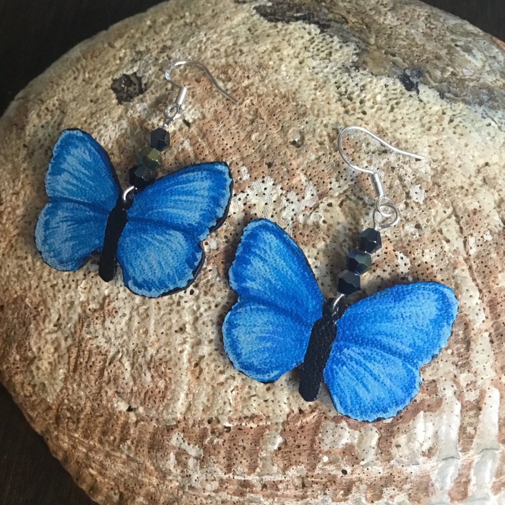 Hand Painted Leather Butterfly Earrings - Spring Azure Nature Inspired Jewelry